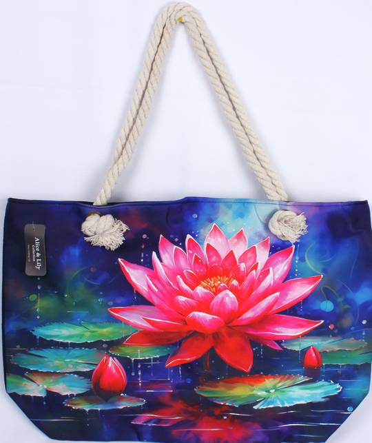 Waterlily design carry bag (55cm x 35cm high) with solid base, rope handles & zip top. Style: AL/5122.